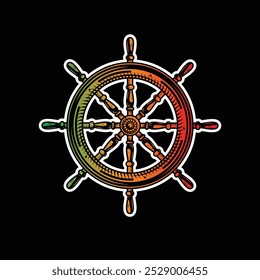 Wooden steering wheel. Old steering wheel with handles for steering a pirate boat and a cruise yacht. Original vector illustration in vintage style. T-shirt design. Hand drawn, not AI