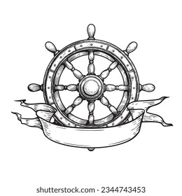 Wooden steering wheel with ribbon. Hand drawn ship helm sketch. Sea adventure, cruise and pirate drawing. Vector illustration