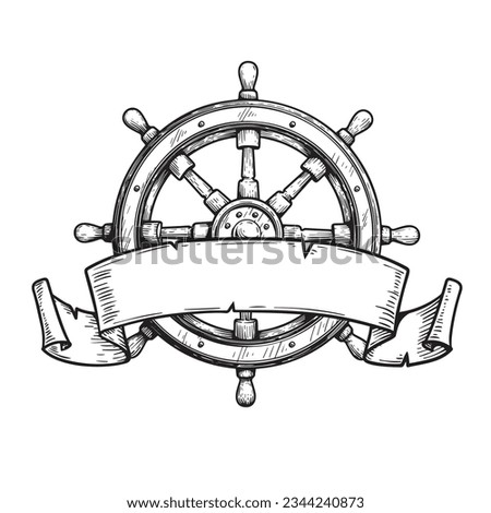 Wooden steering wheel with ribbon. Hand drawn ship helm sketch. Sea adventure, cruise and pirate drawing. Vector illustration