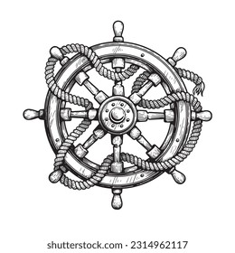 Wooden steering wheel with rope. Hand drawn ship helm sketch. Sea adventure, cruise and pirate drawing. Vector illustration