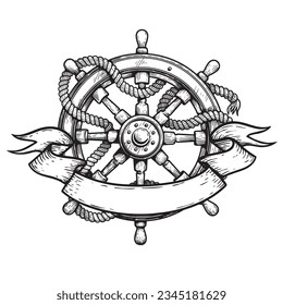 Wooden steering wheel with rope and ribbon. Hand drawn ship helm sketch. Sea adventure, cruise and pirate drawing. Vector illustration