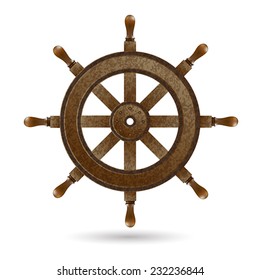 Wooden steering wheel of the ship. 