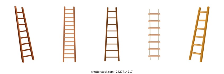 Wooden Step Ladder for Domestic and Construction Need Vector Set