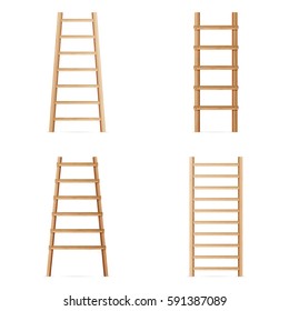 Wooden Step Ladder. Vector Set Of Various Ladders. Classic Staircase Isolated On White Background. Realistic Illustration.