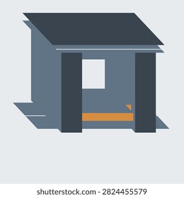Wooden step stool drawn from a three quarter view in slate amber colours, showing the seat board, the plank legs and the foot rail, a flat geometric illustration for interior and furniture layouts.