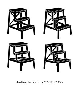 Wooden Step Stool and Small Ladder Silhouettes, Home Maintenance and Household Climbing Equipment Vector Icon Set