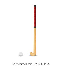 The wooden stick and ball for the game of field hockey, realistic 3D vector models sports objects isolated on white background, a set of sports equipment for field hockey.