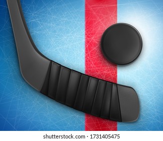 Wooden stick and black rubber puck on ice with traces from skates. Realistic vector illustration of hockey equipment on ice texture background. Template for sport event, bets site or  competition.