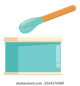 Wooden stick dripping blue wax over a metal container for hair removal, depilatory product for beauty salons and spas