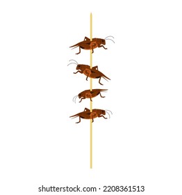 Wooden stick with fried house crickets flat vector illustration isolated on white. Edible insects as alternative food. 