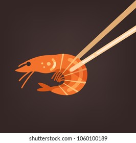 Wooden stick holding red fresh shrimp. Sea food market element concept. Vector flat cartoon isolated illustration 