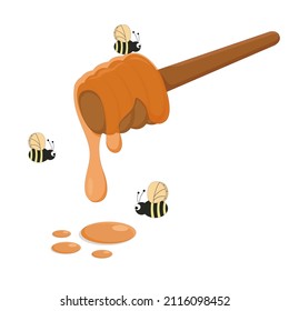 wooden stick with honey bees fly around