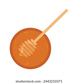 A wooden stick is sticking out of a honey dipper, used for drizzling honey. Flat illustration isolated on background