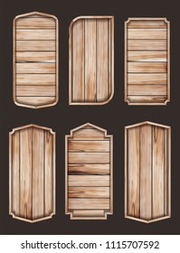 Wooden stickers label collection. Set of various shapes wooden sign boards for sale,price and discount stickers, banners, badges. Vector illustration