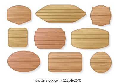 Wooden stickers label collection. Set of various shapes wooden sign boards for sale, price and discount banners, badges isolated on white background.