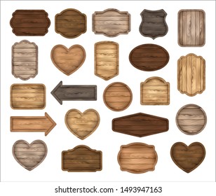 Wooden stickers, label collection. Set of various shapes wooden sign boards for sale, price and discount banners, badges isolated on white background. Vector realistic illustration. Heart wooden label