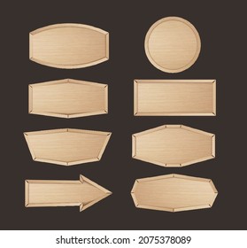 Wooden stickers label collection. Set of various shapes wood sign boards for sale price and discount stickers, banners, badges. Vector illustration