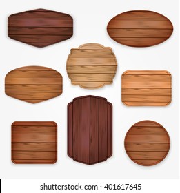 wooden  stickers label collection. Set of various shapes wooden sign boards  for sale,price and discount stickers, banners, badges. Vector illustration.