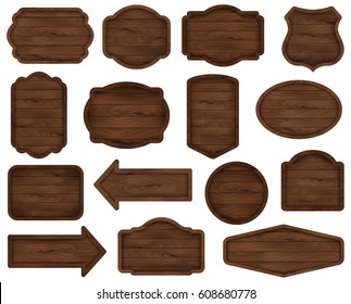 Wooden stickers, label collection. Set of 4 of various shapes wooden dark sign boards for sale, price and discount banners, badges isolated on white background. Vector realistic illustration. 