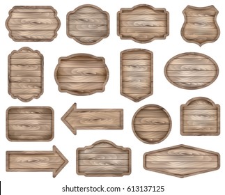 Wooden stickers, label collection. Set ?5 of various shapes wooden sign boards for sale, price and discount banners, badges isolated on white background. Vector realistic illustration. 