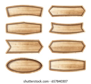 Wooden Stickers Label Collection. Set Of Various Shapes Wooden Sign Boards For Sale,price And Discount Stickers, Banners, Badges. Vector Illustration
