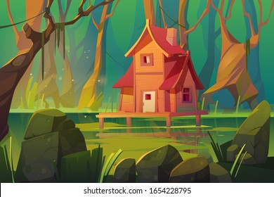 Wooden stilt house above swamp in forest. Abandoned shack stand on piles in deep wood, witch hut, computer game background, fantasy mystic nature landscape with marsh pond, Cartoon vector illustration