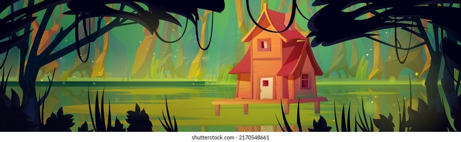 Wooden stilt house above swamp in forest. Abandoned shack stand on piles in deep wood, witch hut, panoramic game background, fantasy mystic nature landscape with marsh pond Cartoon vector illustration