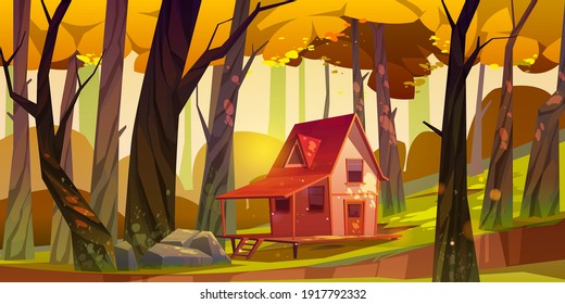 Wooden stilt house in autumn forest. Old shack with terrace on piles in deep wood with falling sun beams among fall trees. Uninhabited forester hut, pc game background, Cartoon vector illustration