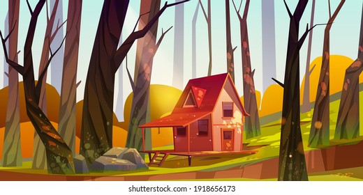 Wooden stilt house in autumn forest. Old shack with terrace on piles in sunny wood with fall bare trees without foliage around. Uninhabited forester hut, pc game background Cartoon vector illustration