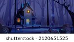 Wooden stilt house in deep forest at night. Swamp landscape with hut in water, dark trees silhouettes and stones. Vector cartoon illustration of woods with lake, pond or bog with house