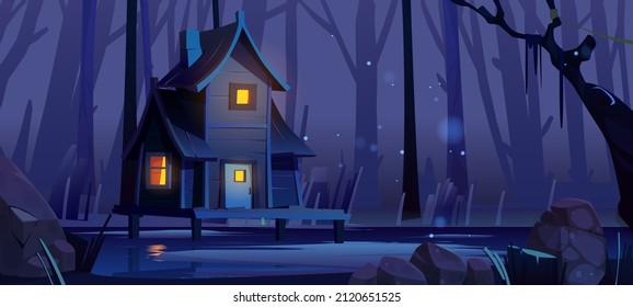 Wooden stilt house in deep forest at night. Swamp landscape with hut in water, dark trees silhouettes and stones. Vector cartoon illustration of woods with lake, pond or bog with house