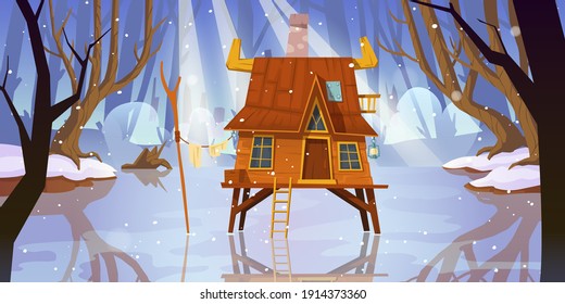 Wooden stilt house at frozen swamp in winter forest. Old shack on piles in deep wood. Witch hut, computer game background, fantasy mystic nature landscape with marsh pond, Cartoon vector illustration