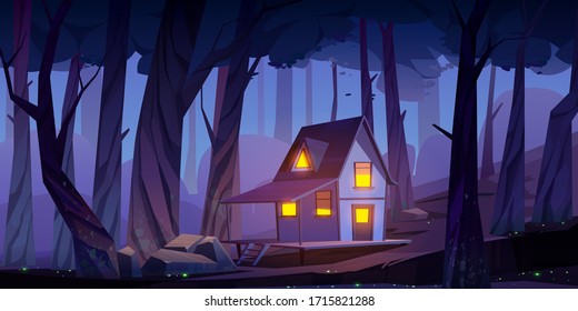 Wooden stilt house in night forest. Old shack with glow windows and terrace stand on piles in deep wood with fireflies around. Witch hut on fantasy game, mystic background, Cartoon vector illustration