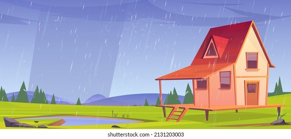 Wooden stilt house at rainy weather. Old shack with terrace on piles stand on green field with pond under rain shower and green trees around. Uninhabited forester hut, Cartoon vector illustration