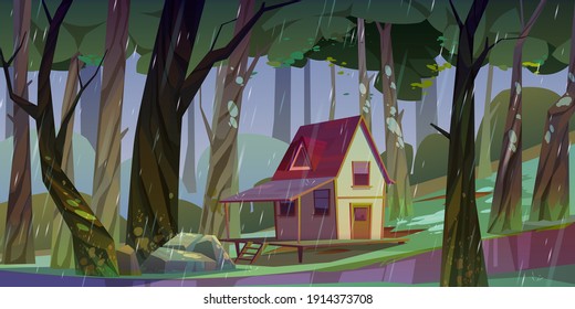 Wooden stilt house at summer forest in rainy weather. Old shack with terrace on piles in deep wood with falling rain shower and green trees around. Uninhabited forester hut Cartoon vector illustration