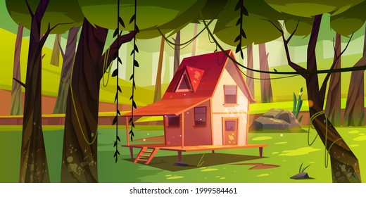 Wooden stilt house in summer forest. Old shack with terrace on piles in sunny wood with green trees around. Uninhabited forester hut, pc game background, scenery landscape. Cartoon vector illustration