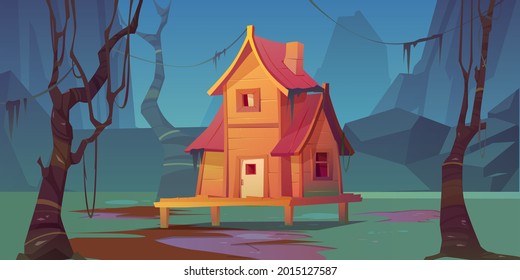 Wooden stilt house in summer forest Cartoon vector