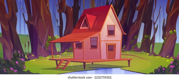 Wooden stilt house at summer forest in rainy weather. Old shack on piles with terrace on green wood field under rain shower and trees around. Uninhabited forester hut, Cartoon vector illustration
