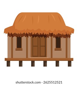 Wooden stilt house with thatched roof and closed door, evoking a tropical island getaway