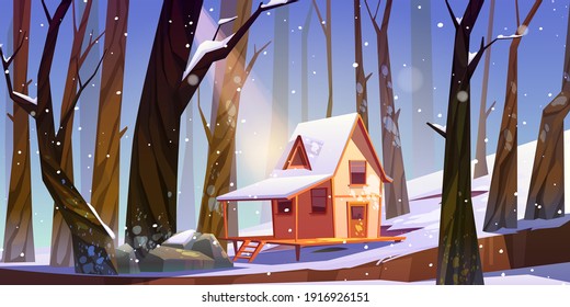 Hölzernes Pfahlhaus im Winterwald. Alte Schneehütte mit Terrasse auf Pfählen in tiefem Holz mit fallenden Schneeflocken. unbewohnte Waldhütte, PC-Spielhintergrund, Cartoon Vektorgrafik