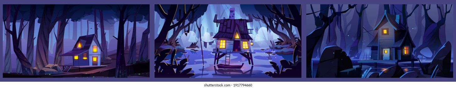 Wooden stilt houses on swamp in night forest. Backgrounds with old shacks with glow windows stand on piles in deep wood. Witch hut, computer game mystic nature landscape, Cartoon vector illustration