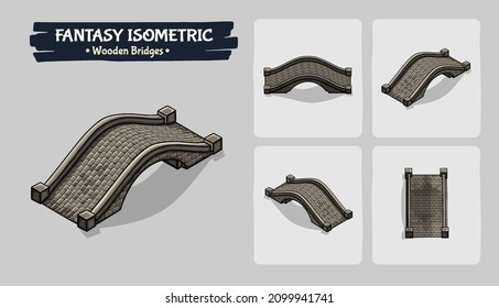 Wooden and stone Bridges Fantasy game assets - Isometric Vector Illustration