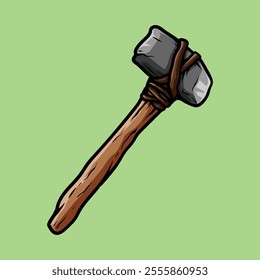 wooden stone hammer or axe isolated colored drawing line art style design illustration