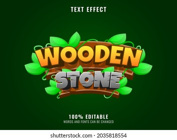 wooden stone with wooden leaves frame editable game logo title text effect