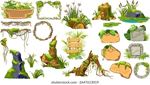 Wooden and stones signboards with swamp moss, forest lichen, stumps, logs, frames, lianas, mushrooms. Set of 3d objects for messages, banners, notebooks, mobile games. Vector cartoon illustration.