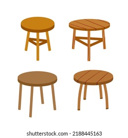 Wooden stool. Chair with three legs. Simple old homemade furniture. Flat cartoon illustration