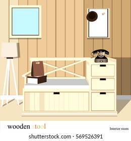 Wooden stool with drawers in the hallway. Hallway interior with furniture.Antechamber.wooden stool icon. Antechamber illustration.