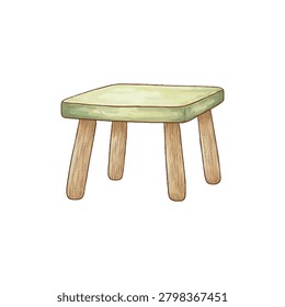 wooden stool with four legs and a pale green top