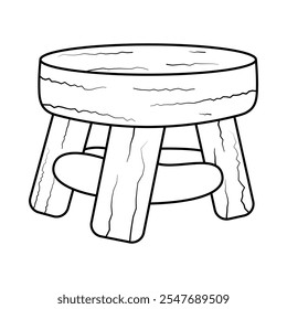 Wooden Stool Outline Vector Illustration. A black and white vector illustration of a rustic wooden stool. The stool has a round, textured seat with visible wood grain patterns.