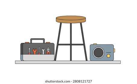 Wooden stool placed between a tool box and a retro radio on a gray shelf, displaying home workshop elements.